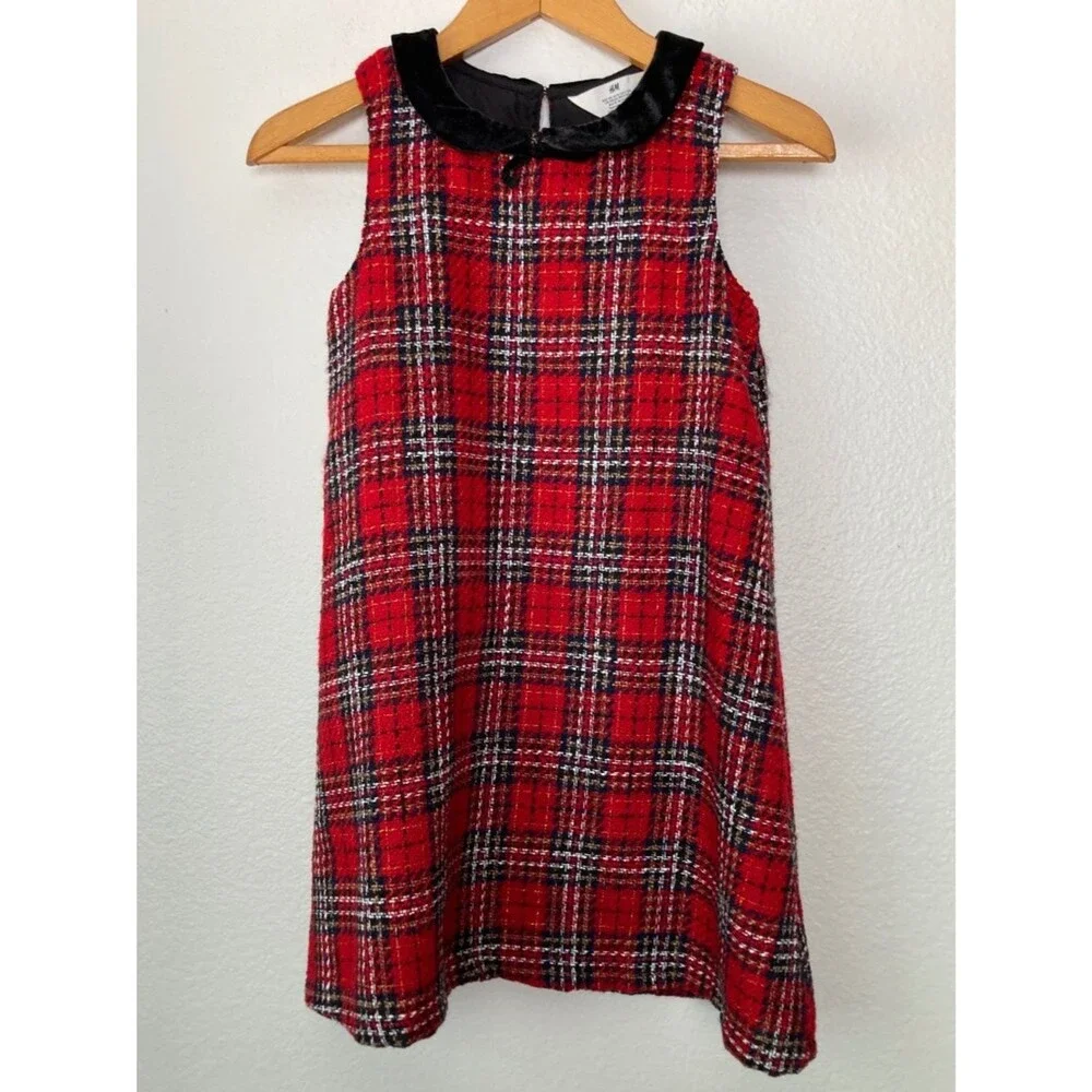 H&M Girls Red Plaid Holiday Dress Size 10 Velvet Collar Christmas